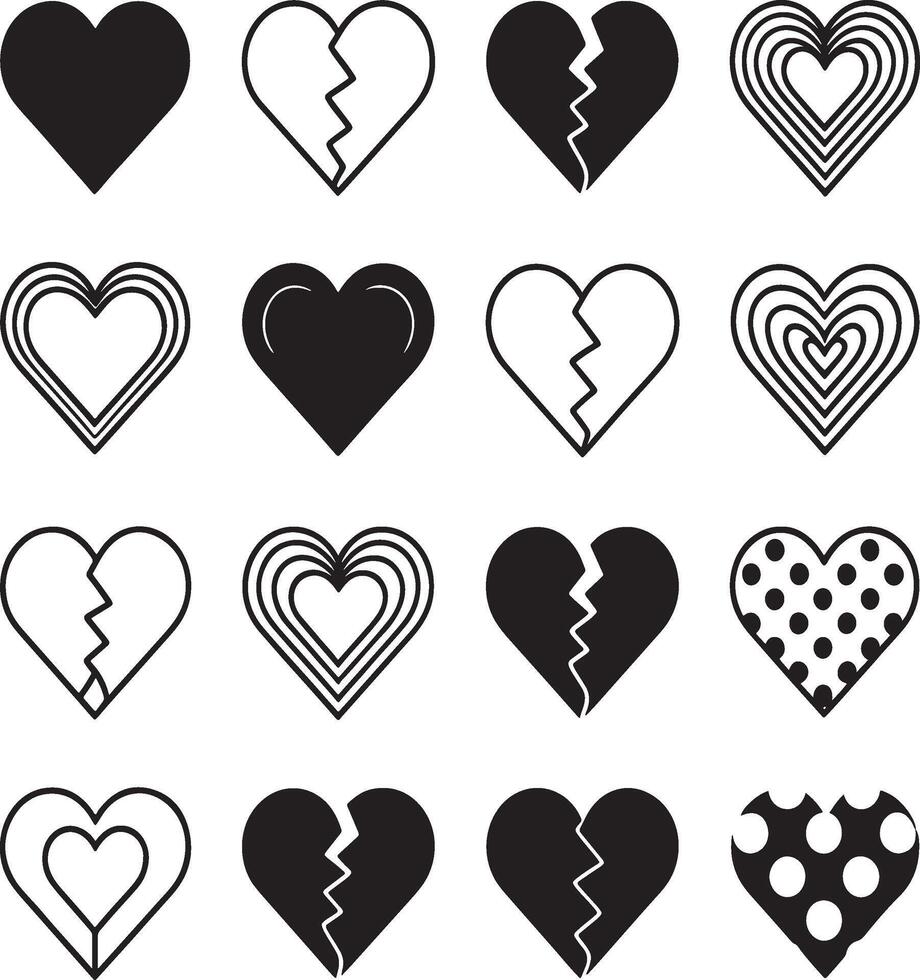 A set of black and white hearts with different shapes vector