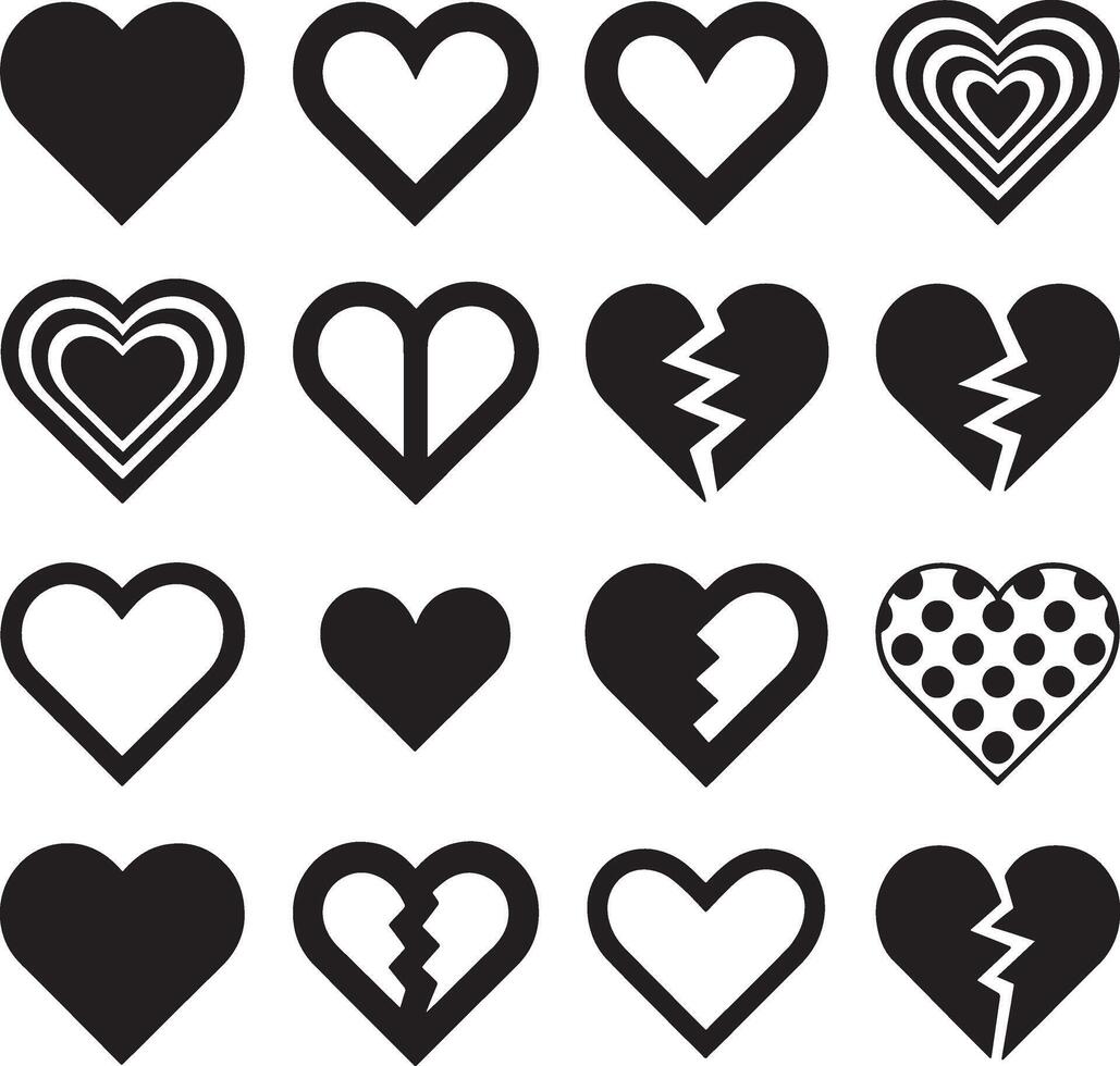 Collection of sixteen diverse black heart icons on a white background vector