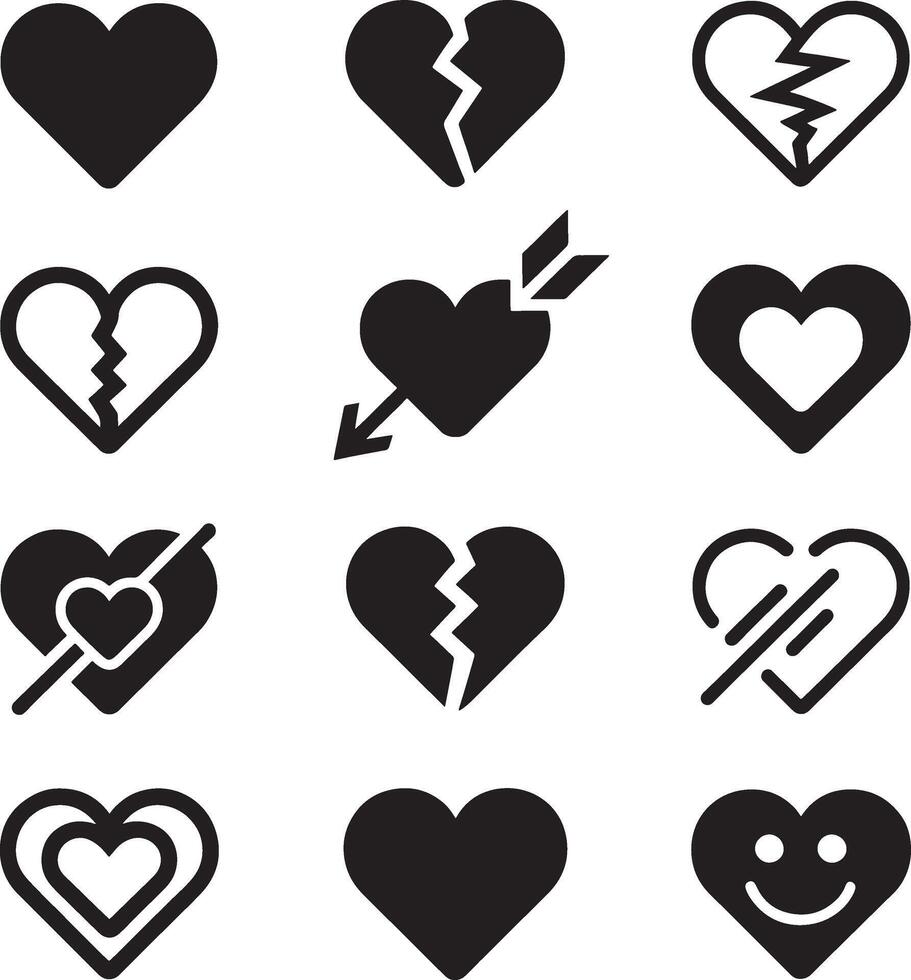 Collection of black heart icons representing love and broken heart emotions vector