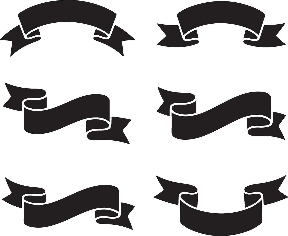 Collection of six black ribbon banners with different shapes on white background vector