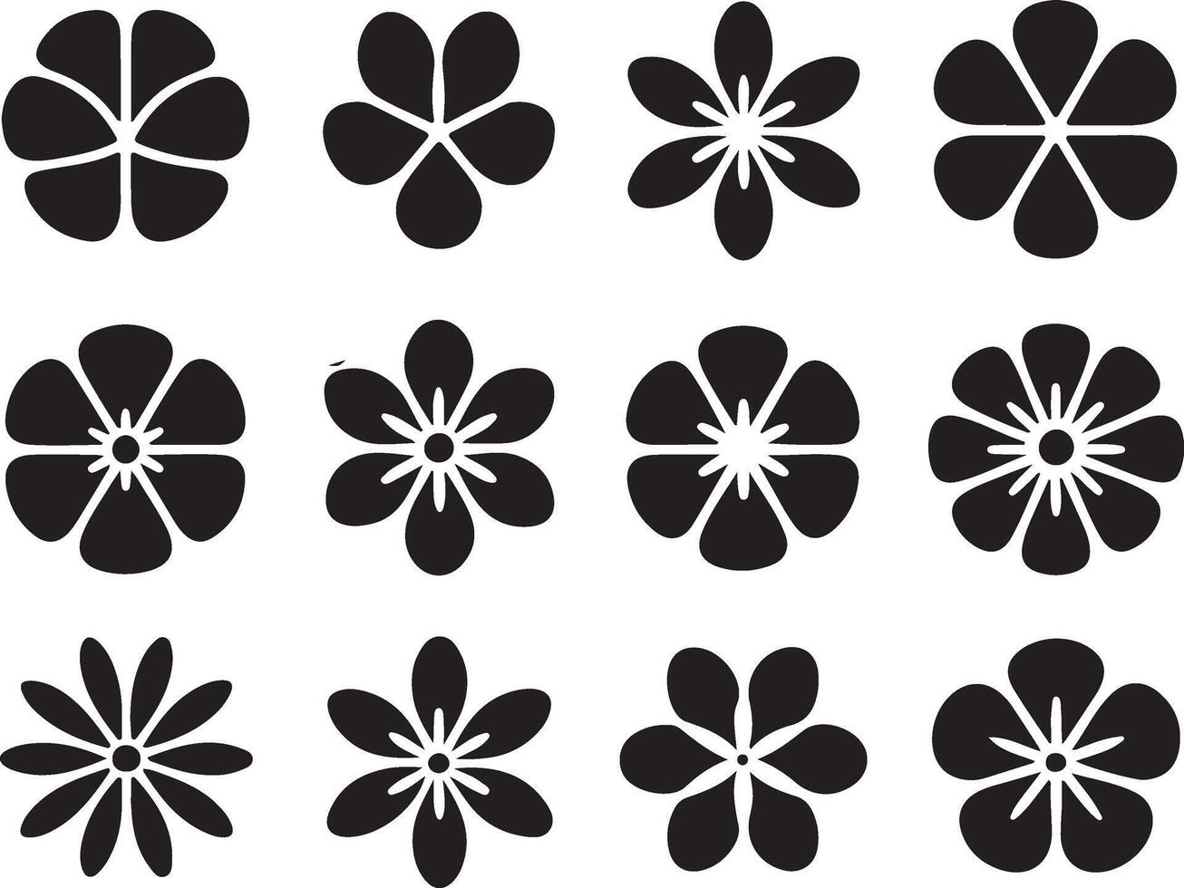 Collection of twelve stylized black flower icons with simple petal designs on white background vector