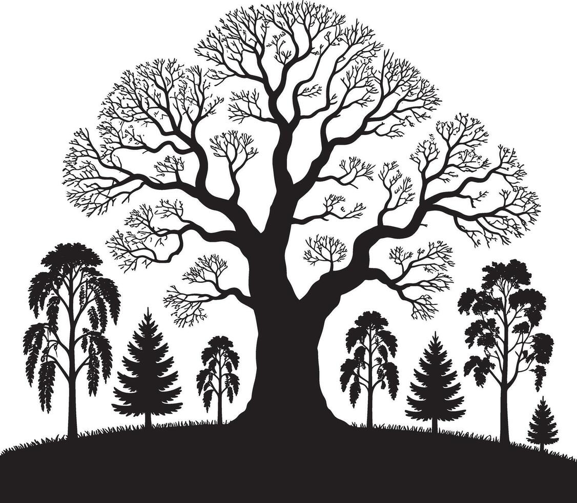 Silhouette of a large ancient tree surrounded by smaller trees on a white background vector