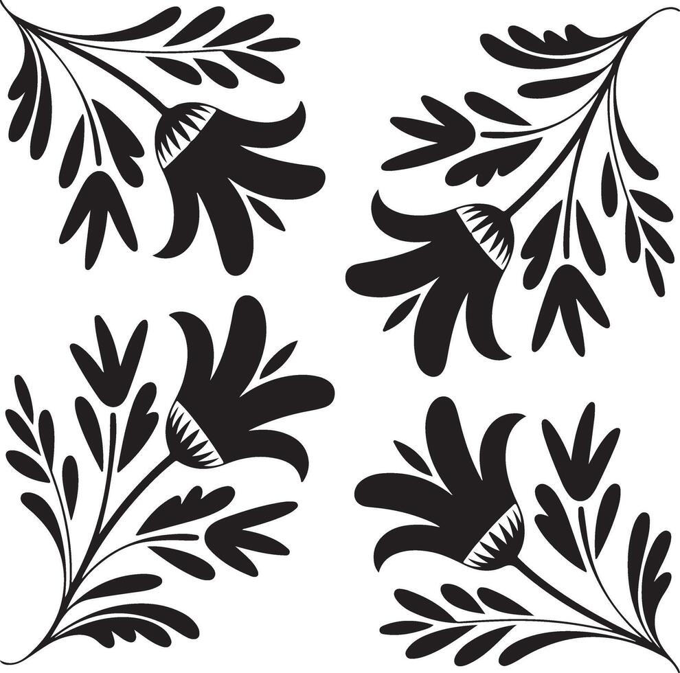 Four black floral corner ornaments with bell shaped flowers and leaves vector