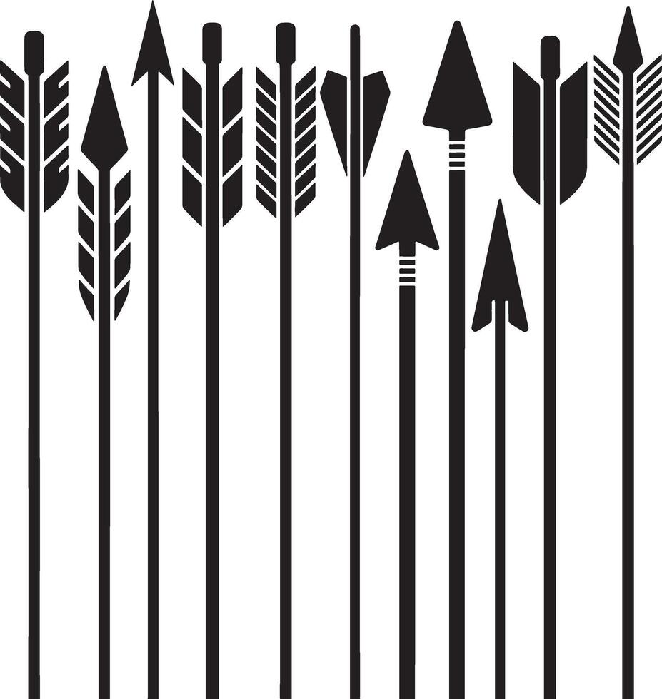 Collection of stylized black arrows with feathered and triangular heads on white background vector