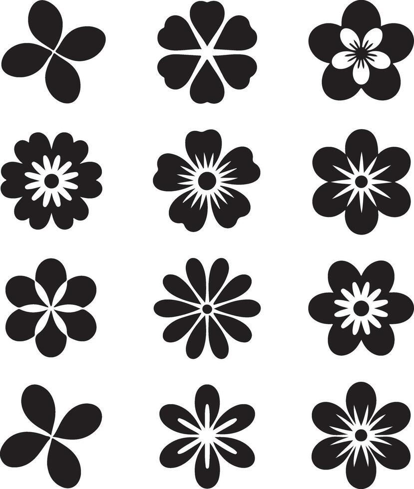 Collection of twelve unique black flower icons on a white background vector