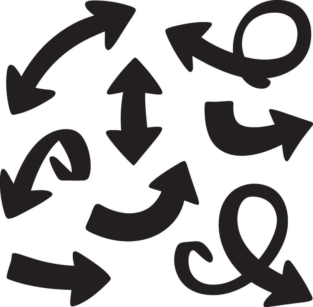 Collection of hand drawn black arrows pointing in different directions on a white background vector