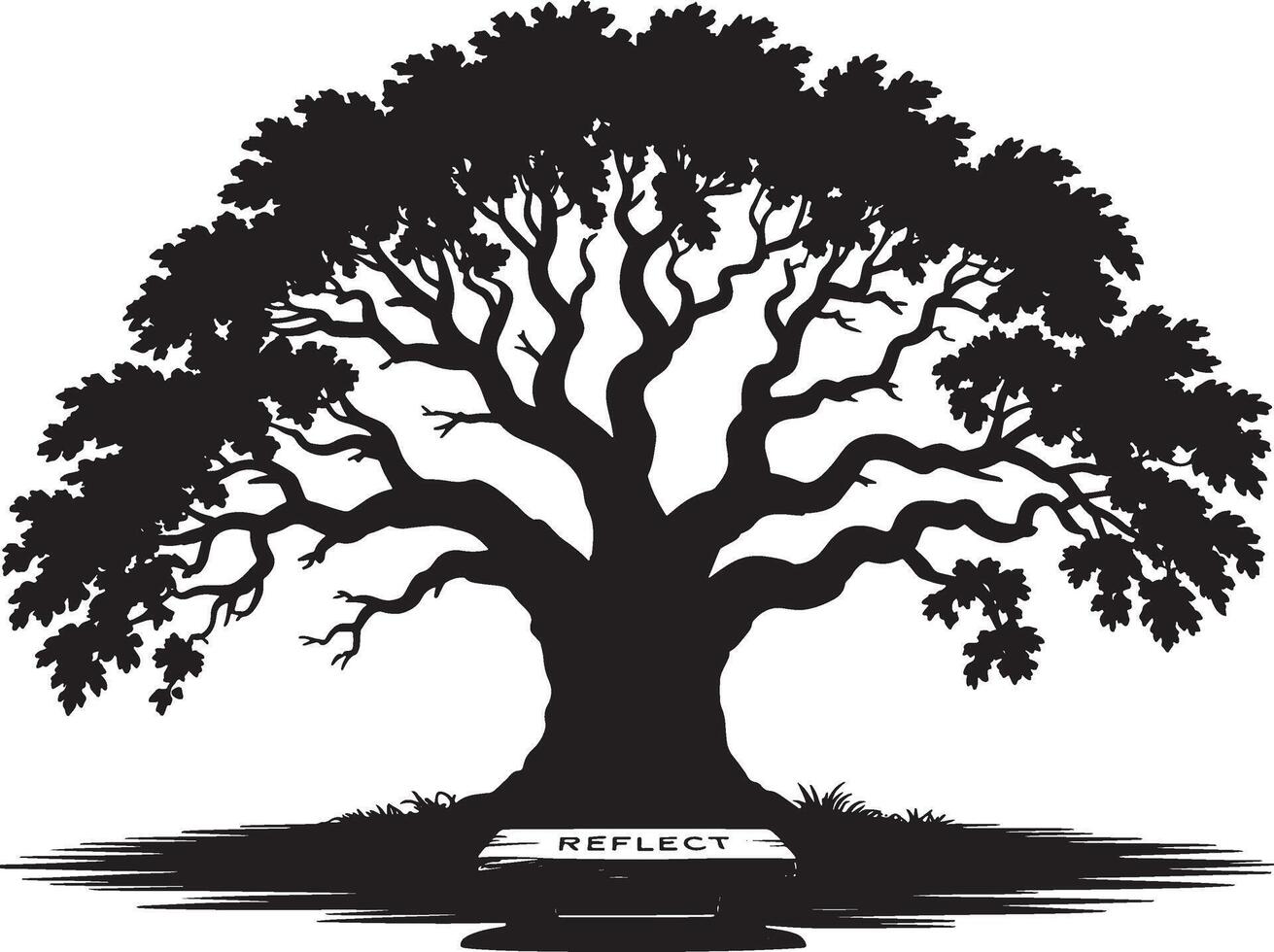 Silhouette of a large oak tree with a bench inviting reflection on a white background vector