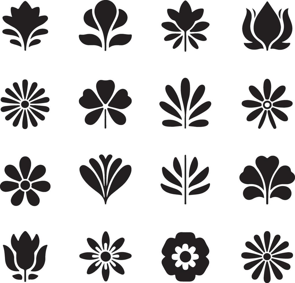 Collection of black floral silhouettes and botanical icons on white background vector