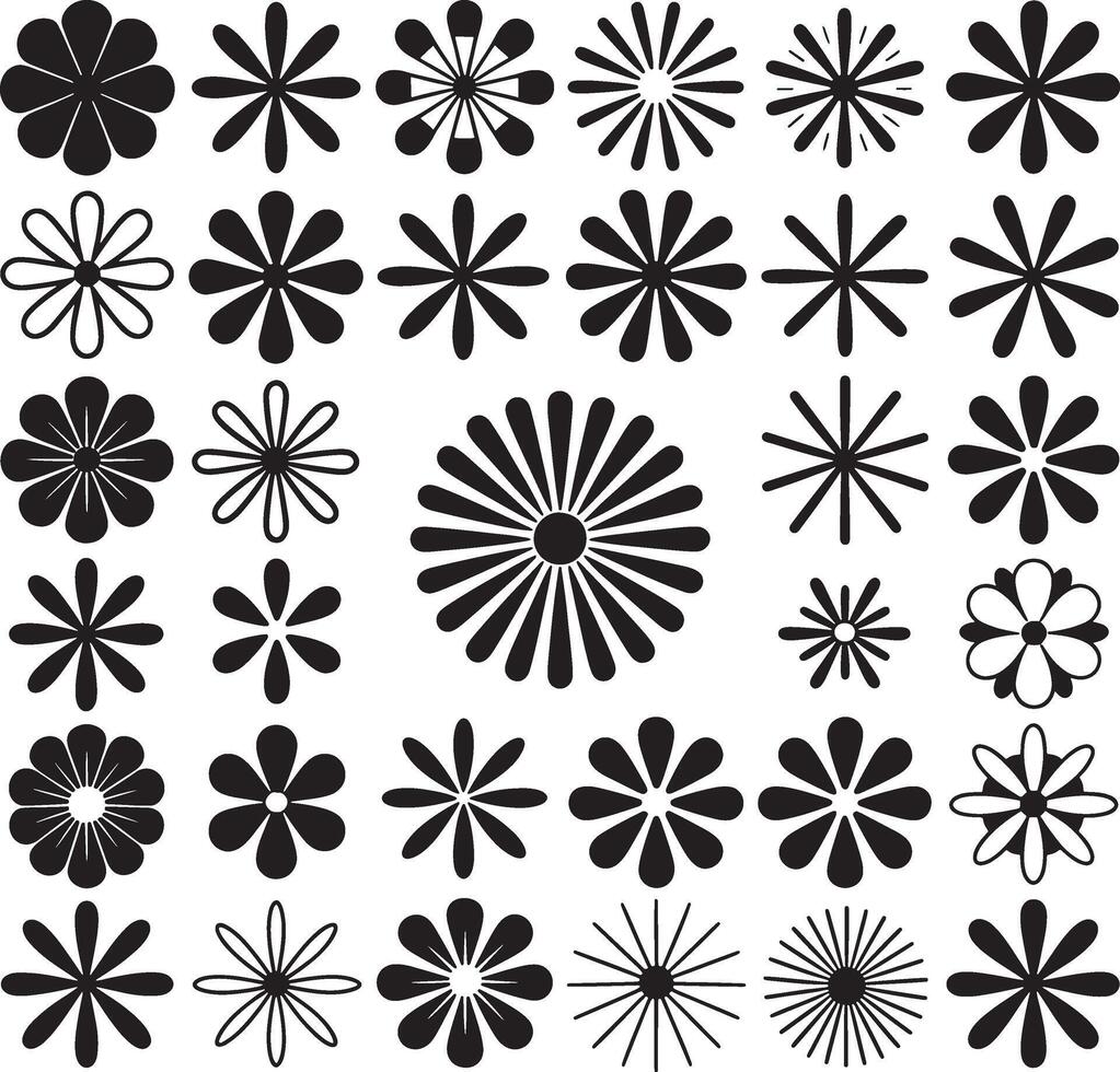 Collection of various black flower shapes and floral icons on white background vector