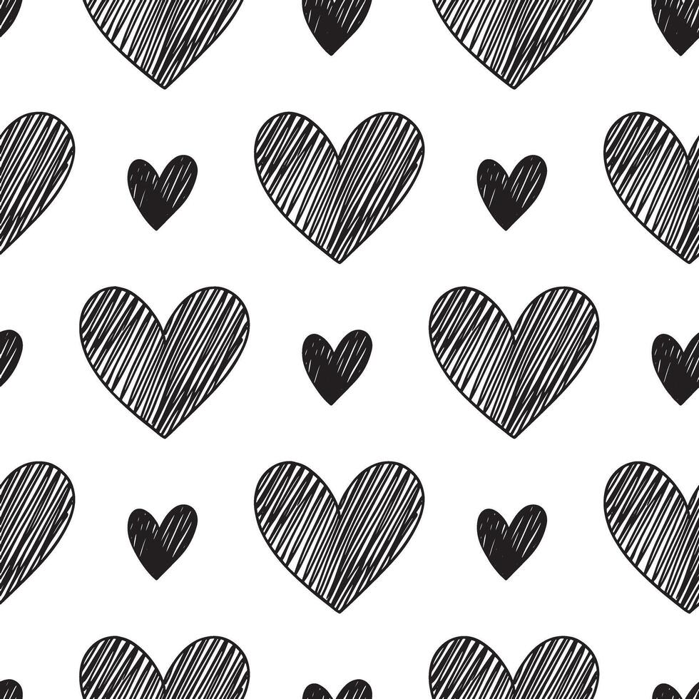 Seamless black and white hand drawn scribble heart pattern background vector