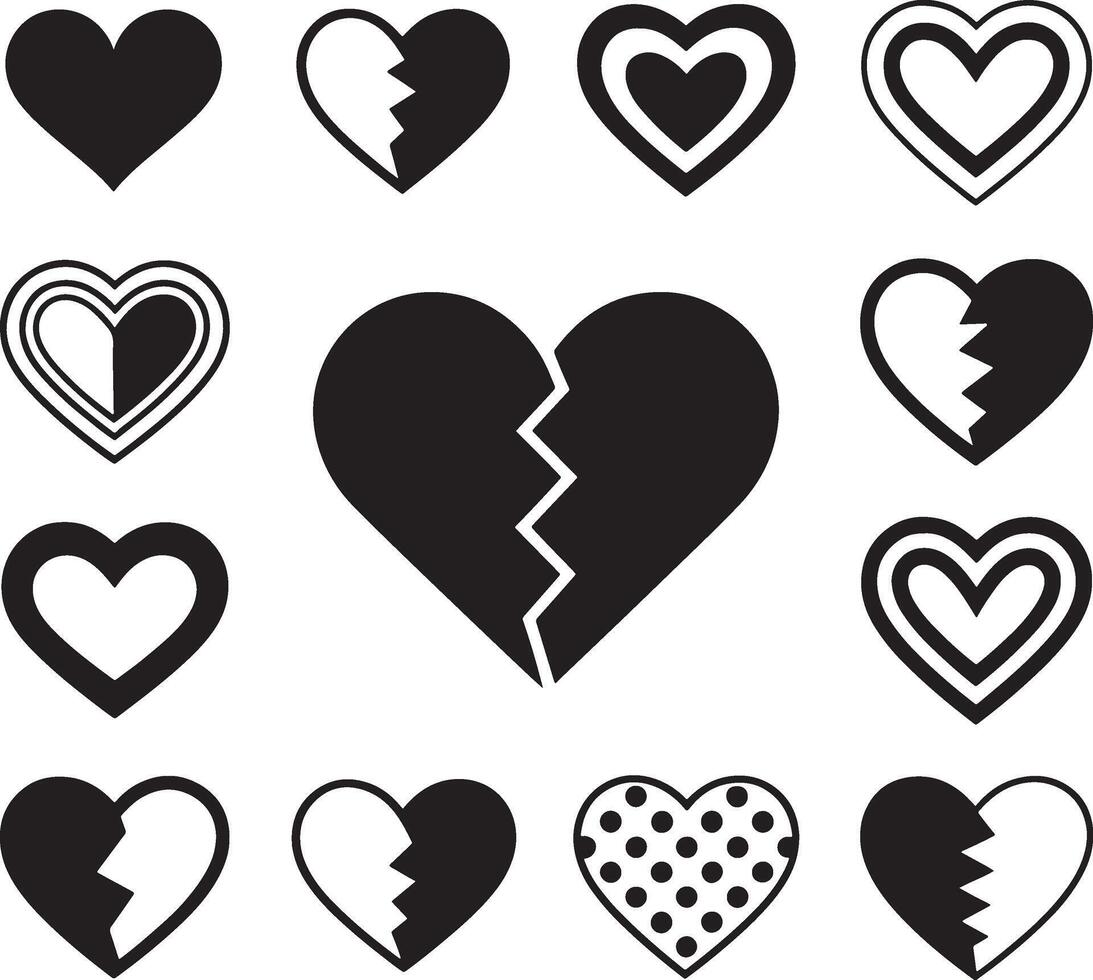 Collection of stylized black and white heart icons with various designs and broken hearts vector