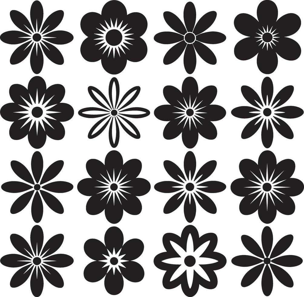 Collection of sixteen stylized black flower icons on a white background vector