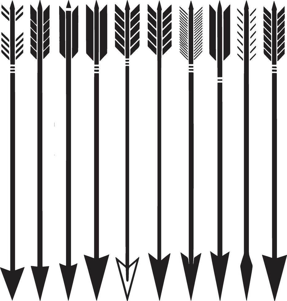 Collection of nine distinct black arrowheads pointing downwards on a white background vector