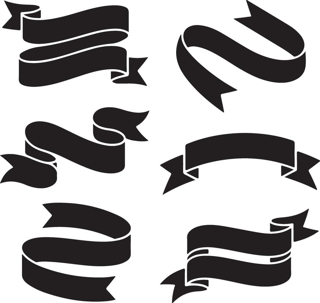 Collection of six black ribbon banners and scrolls on white background vector