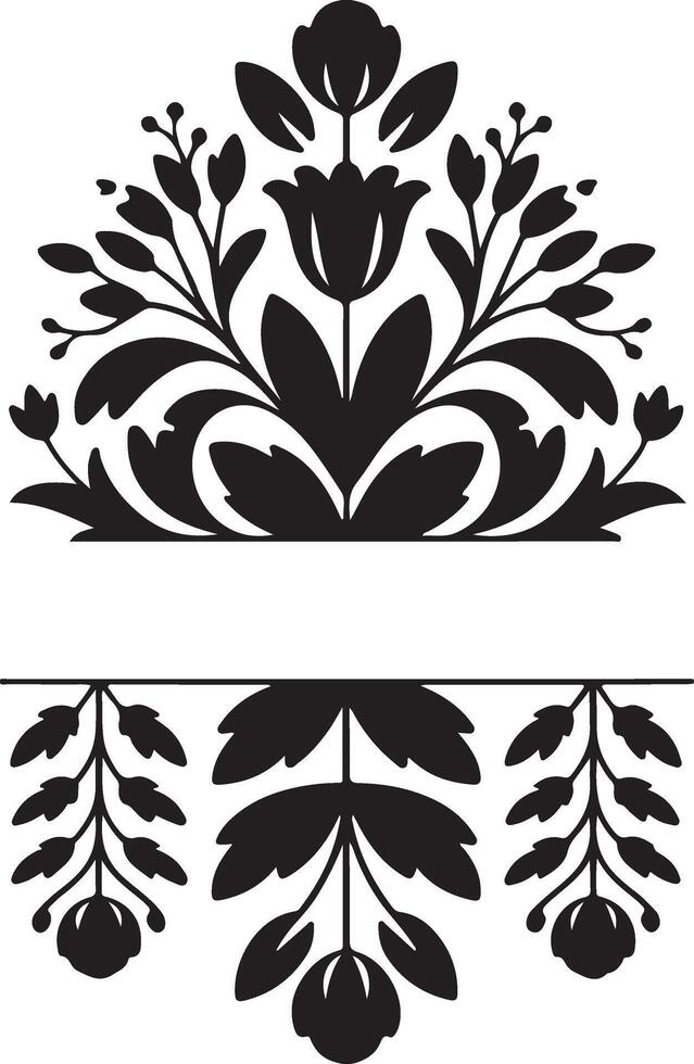 Black silhouette floral design element with decorative flowers and leaves vector
