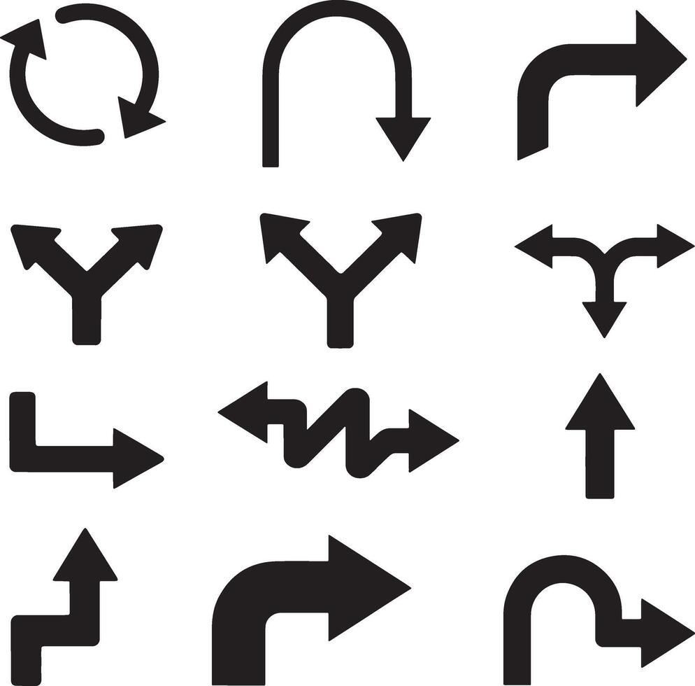 Collection of black arrow icons representing direction change and movement on a white background vector