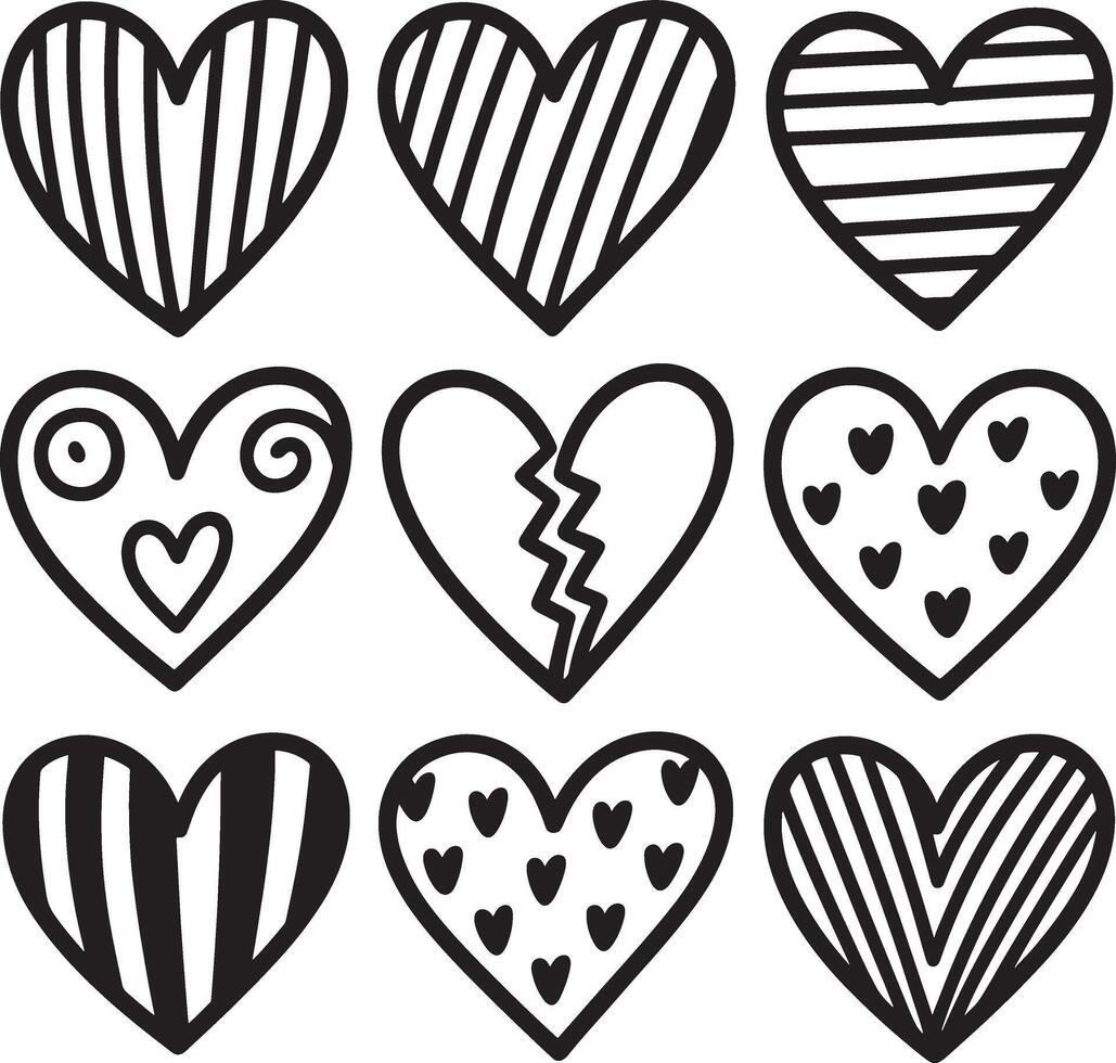 Collection of nine hand drawn black and white hearts with different patterns and designs vector