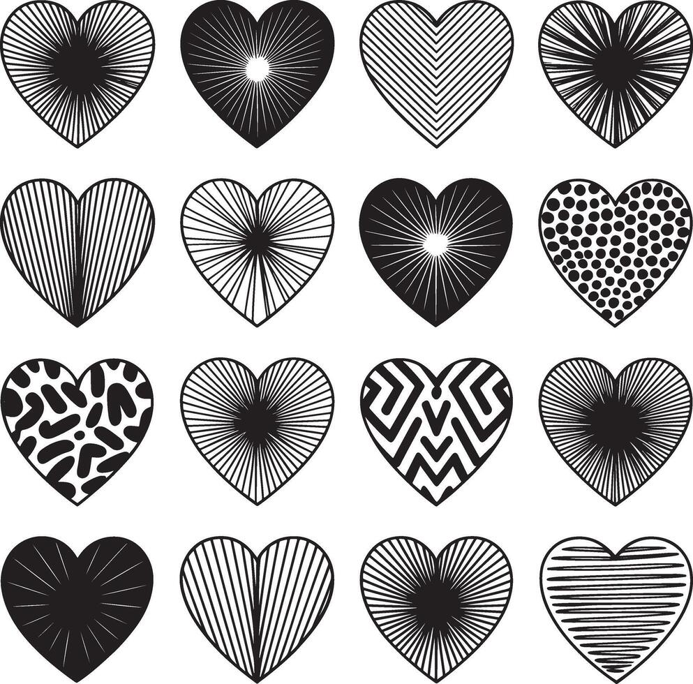 Collection of sixteen black and white hearts with diverse abstract patterns vector