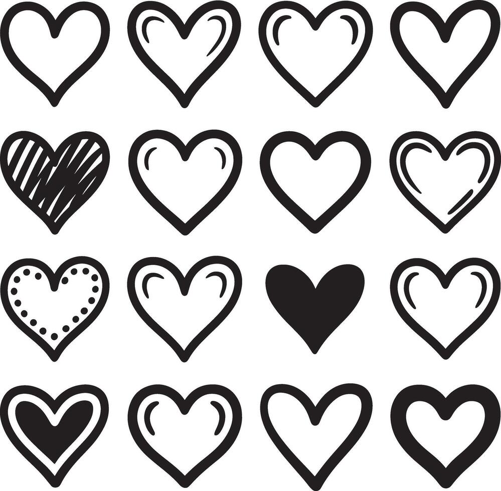 Collection of sixteen hand drawn black and white heart icons on a white background vector