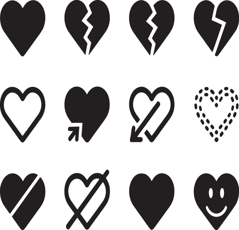 Collection of twelve diverse black heart shape icons on a white background vector