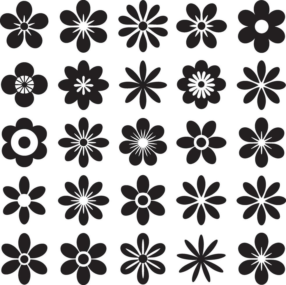 Collection of black flower silhouettes with different petal designs on white background vector