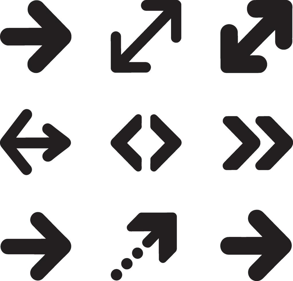 Collection of nine black arrow icons on a white background representing different directions and actions vector