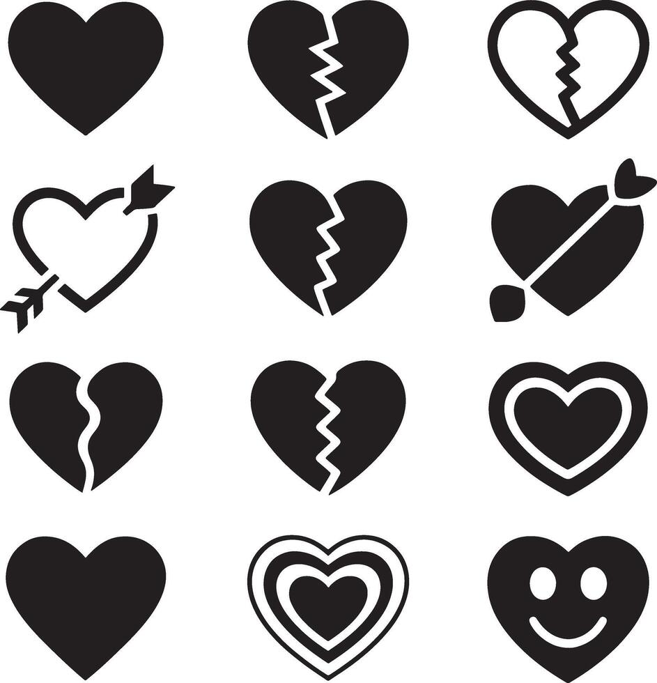 Collection of twelve black heart icons representing love and heartbreak in a grid layout vector