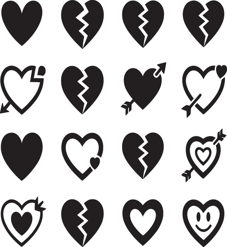 Collection of black heart icons with various designs and symbolic meanings vector