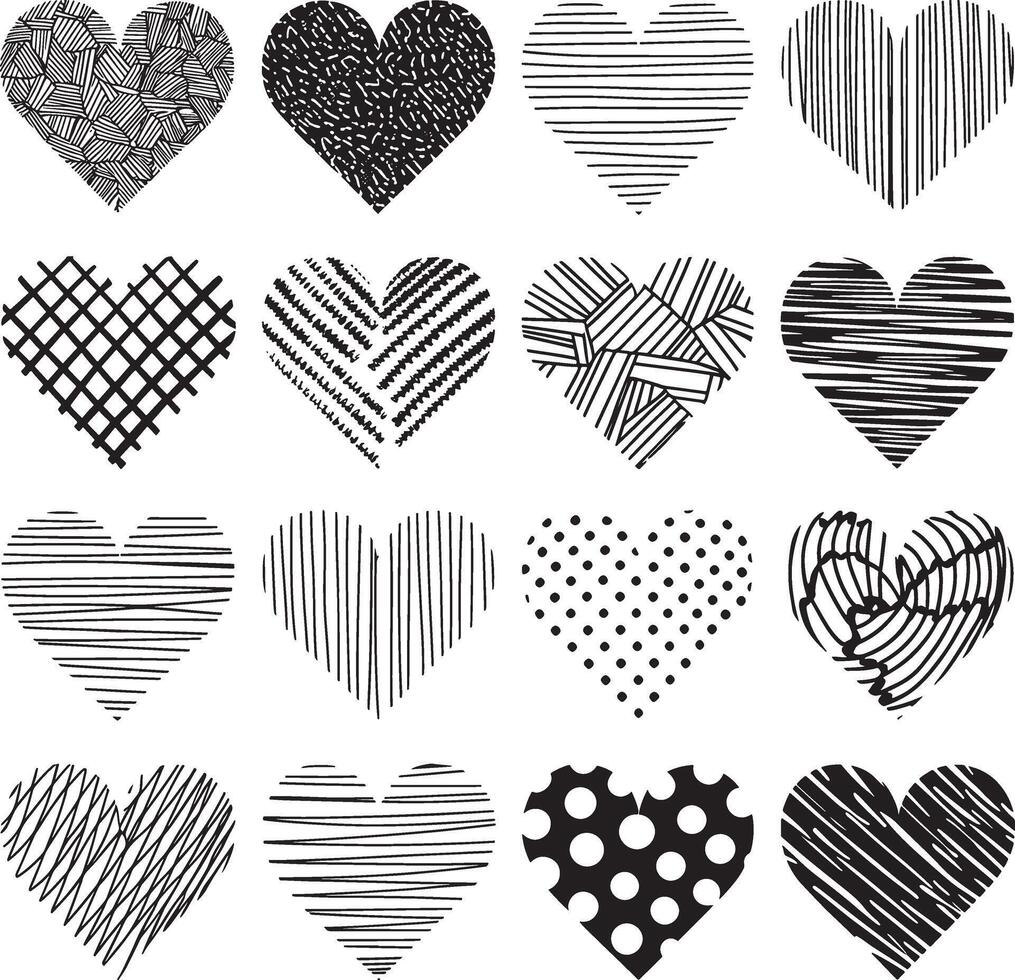 Collection of sixteen unique hand drawn hearts with various black and white patterns vector