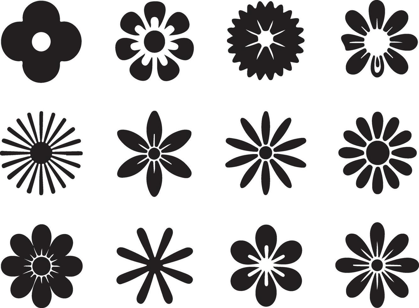 twelve black silhouette flower icons on a white background vector