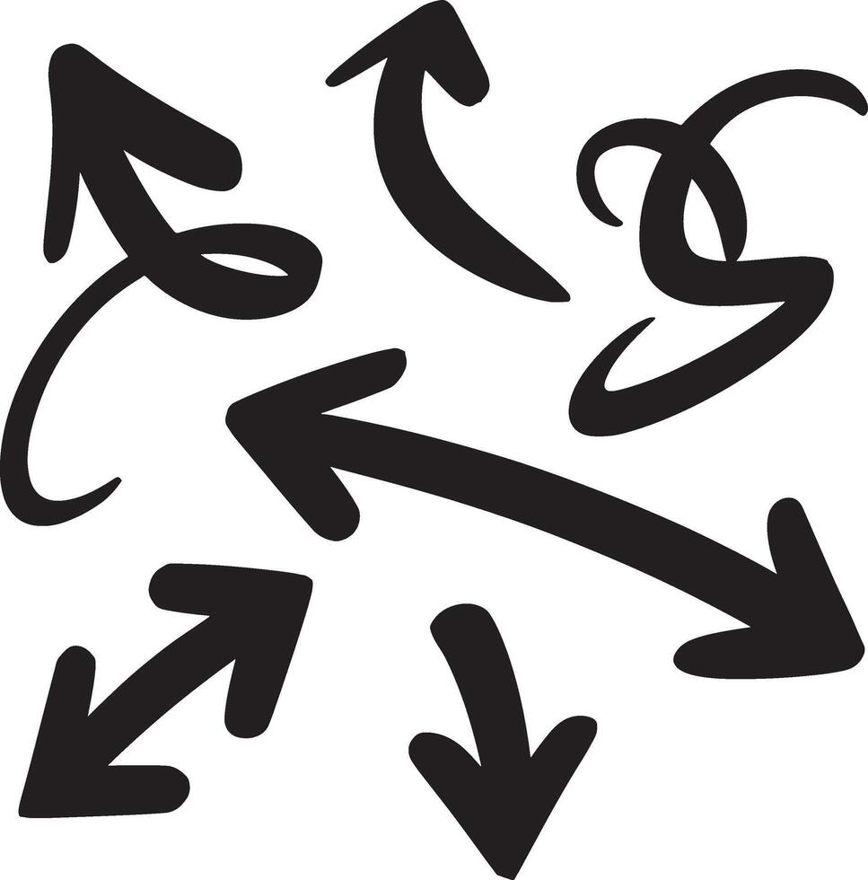 Collection of diverse black hand drawn arrows pointing in different directions on white background vector