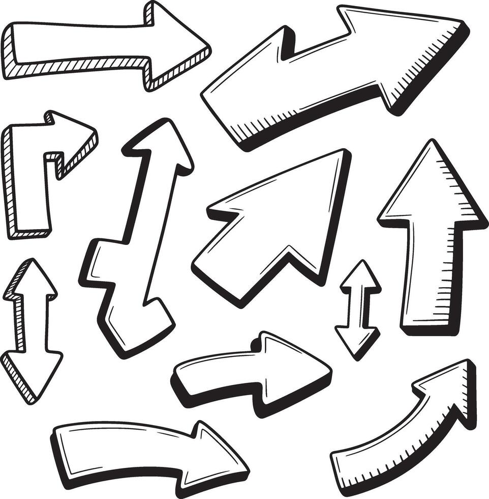 Collection of hand drawn doodle arrows pointing in various directions with a 3d effect vector