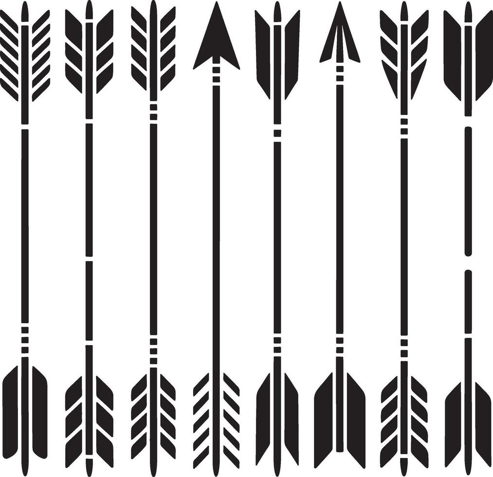 Collection of black stylized arrows and fletching designs on a white background vector