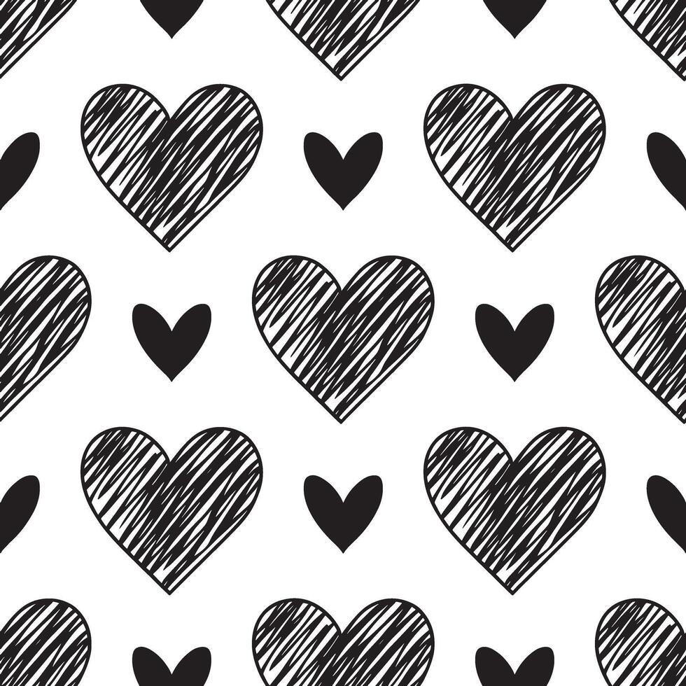 Seamless pattern of black sketched hearts and solid hearts on a white background vector