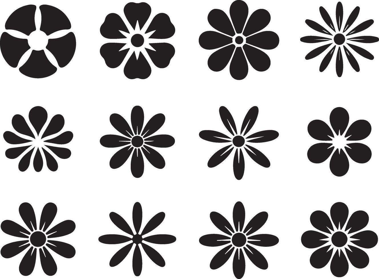 Collection twelve black silhouette flower icons on a white background vector