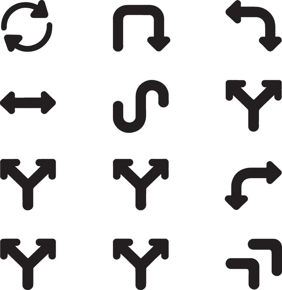 Collection of stylized black arrow icons representing direction and movement on a white background vector