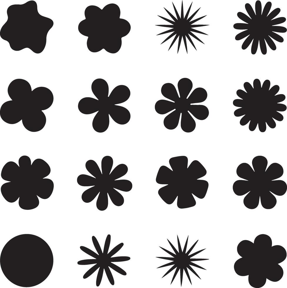 Collection of black flower shaped silhouettes and abstract organic forms vector
