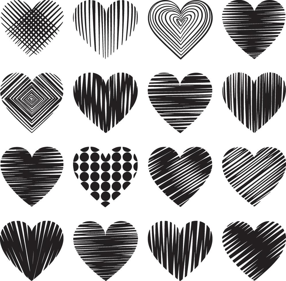 Collection of sixteen black hearts with varied line and dot patterns vector