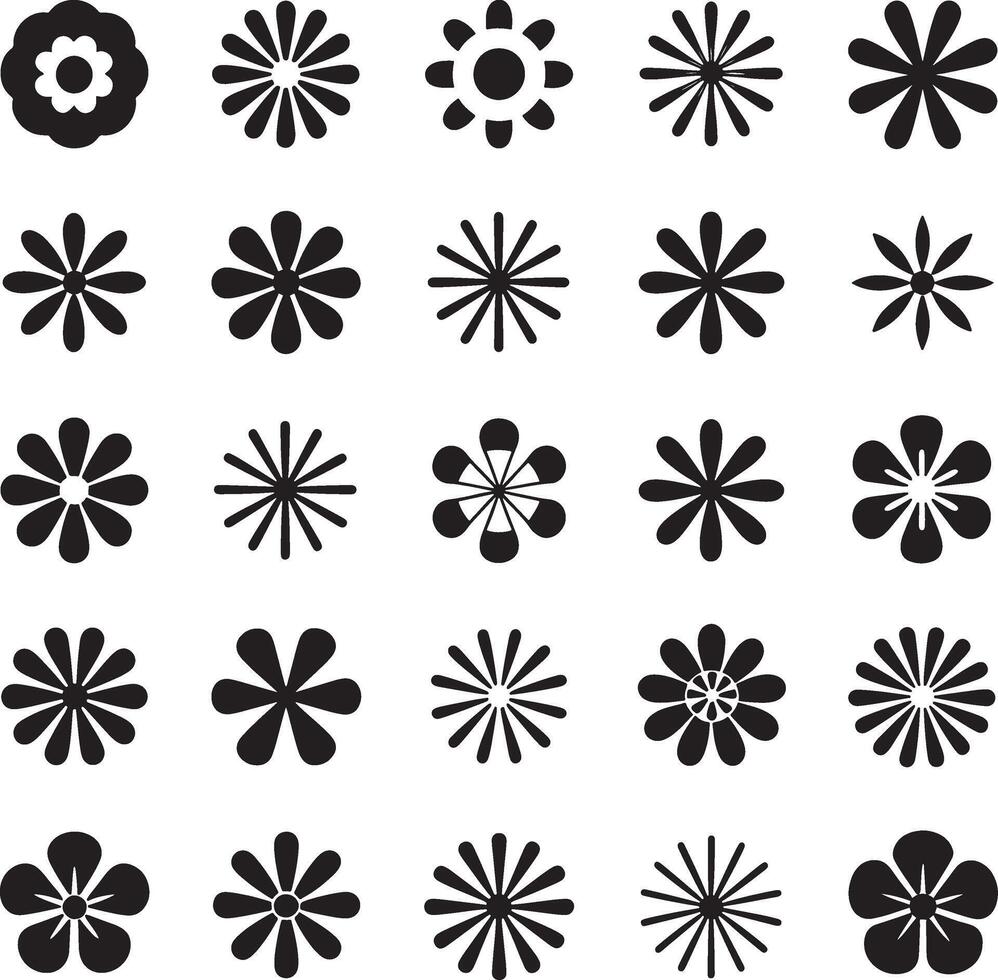 Collection of diverse black flower icons on a white background vector