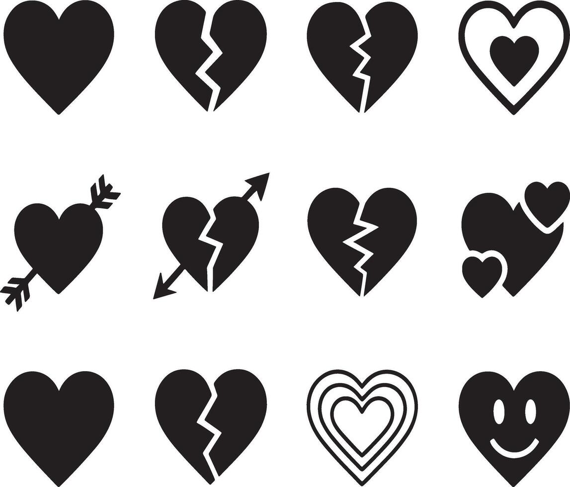 Collection of black heart icons representing love broken hearts and emotions vector