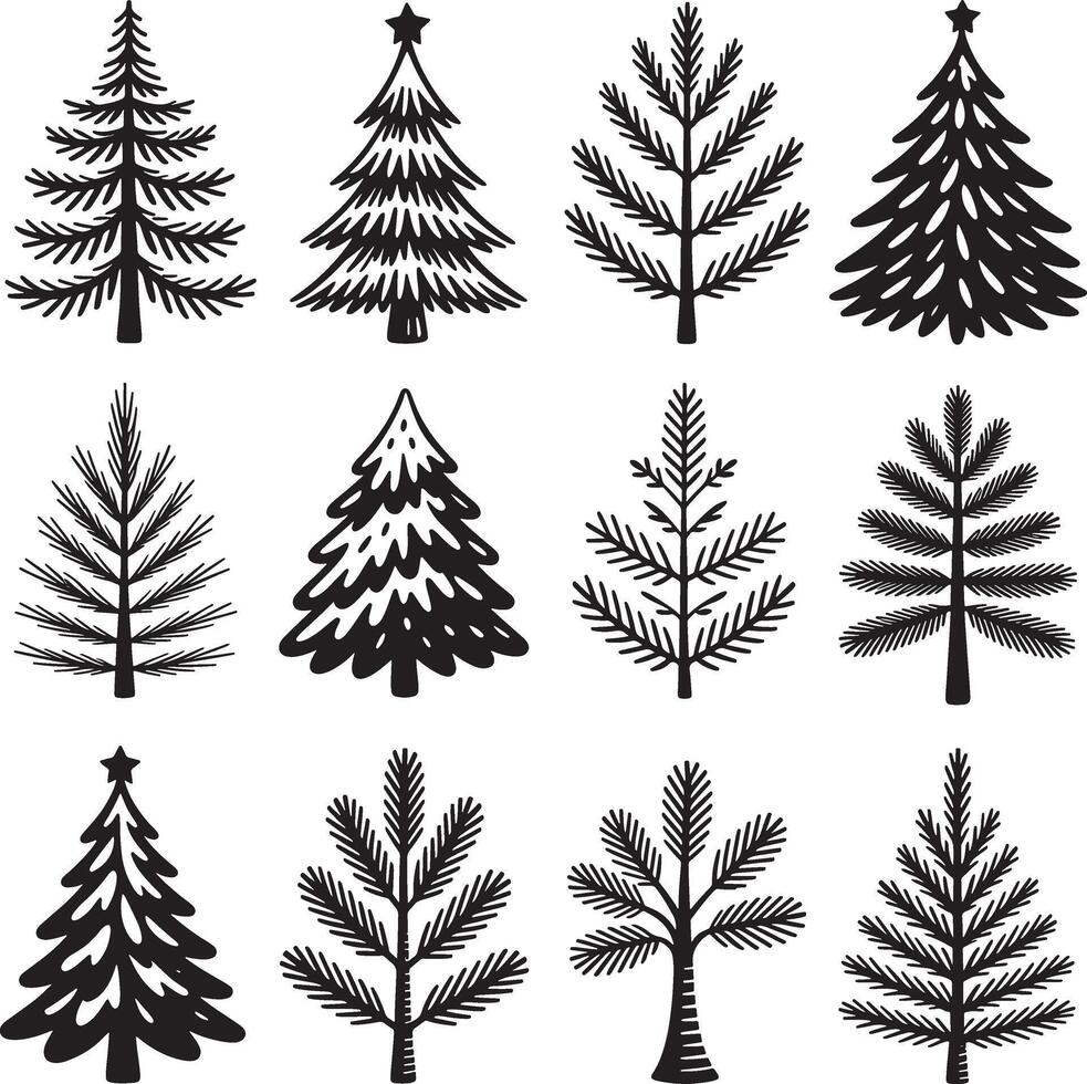 Collection of twelve hand drawn black and white christmas tree illustrations vector