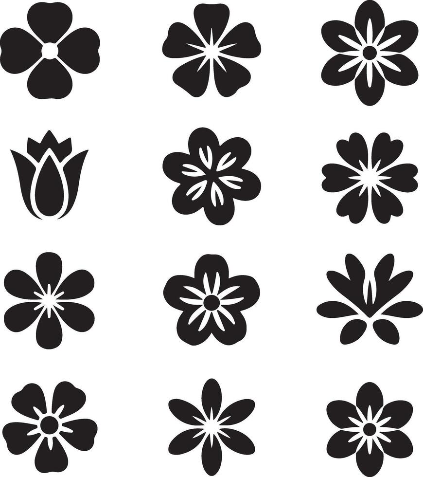 Collection of twelve stylized black flower icons on a white background vector