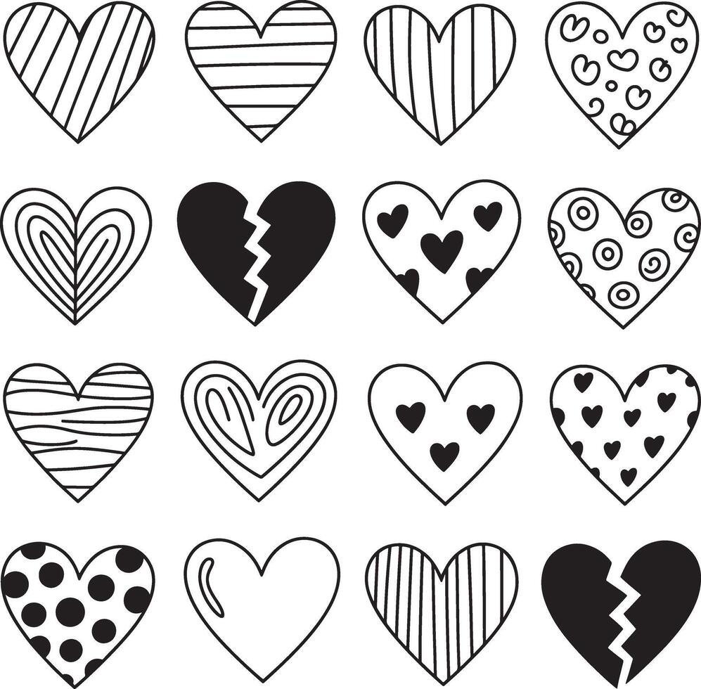 Collection of sixteen hand drawn hearts with various patterns and a broken heart vector