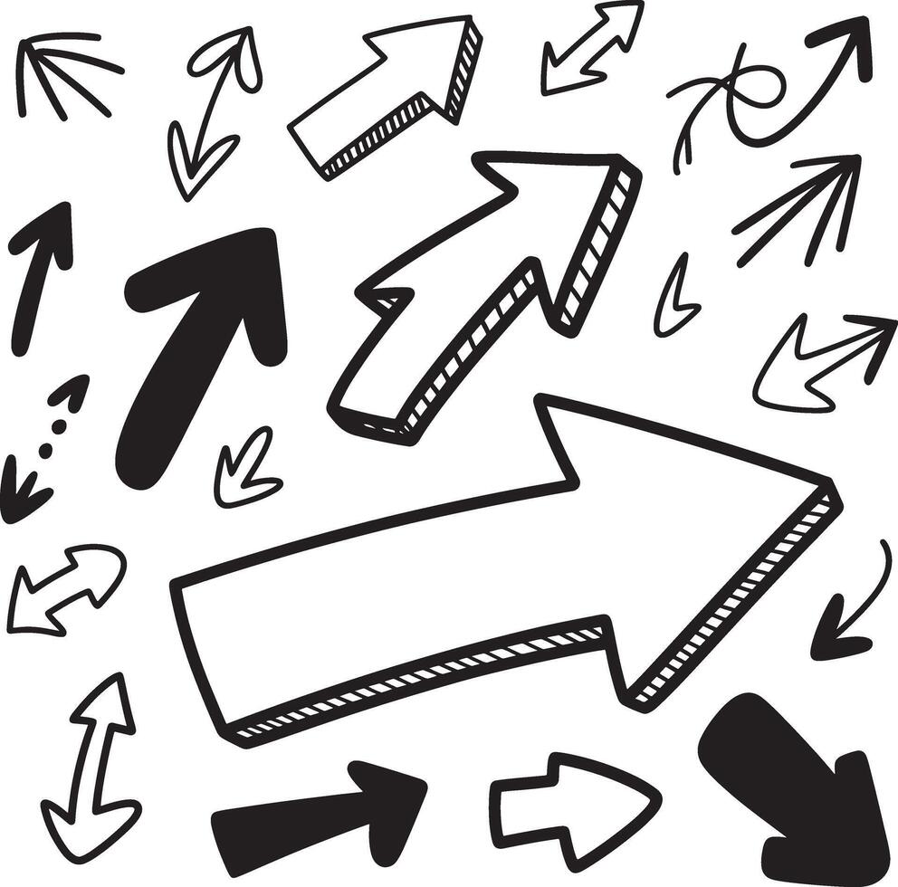 Collection of hand drawn arrows in various styles and directions on a white background vector