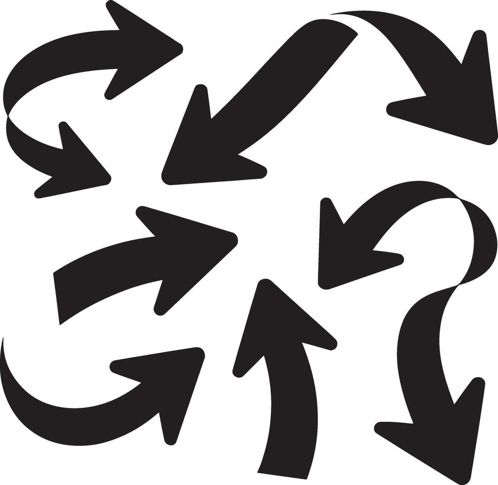 Collection of diverse black curved arrows pointing in various directions on white background vector