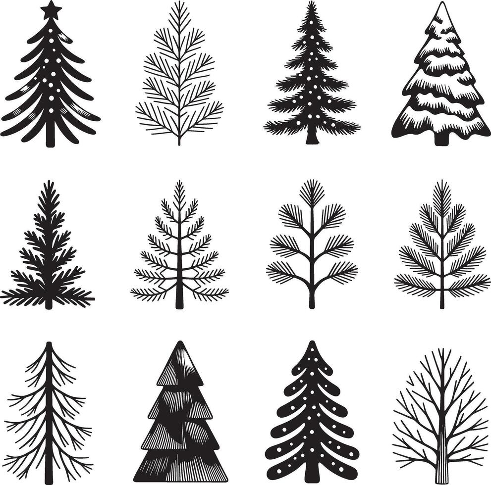 Collection of twelve diverse black and white christmas tree illustrations on a white background vector