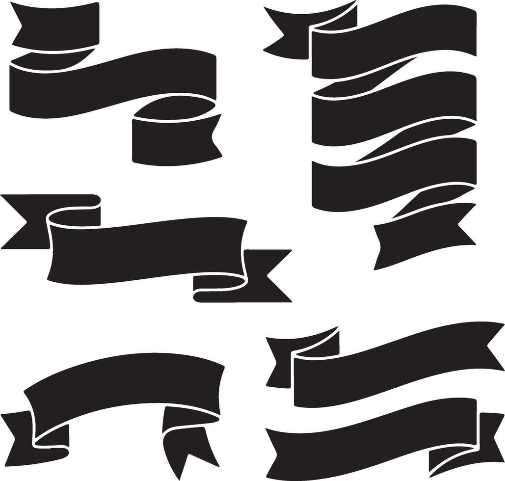 Collection of black ribbon banners and decorative labels on white background vector