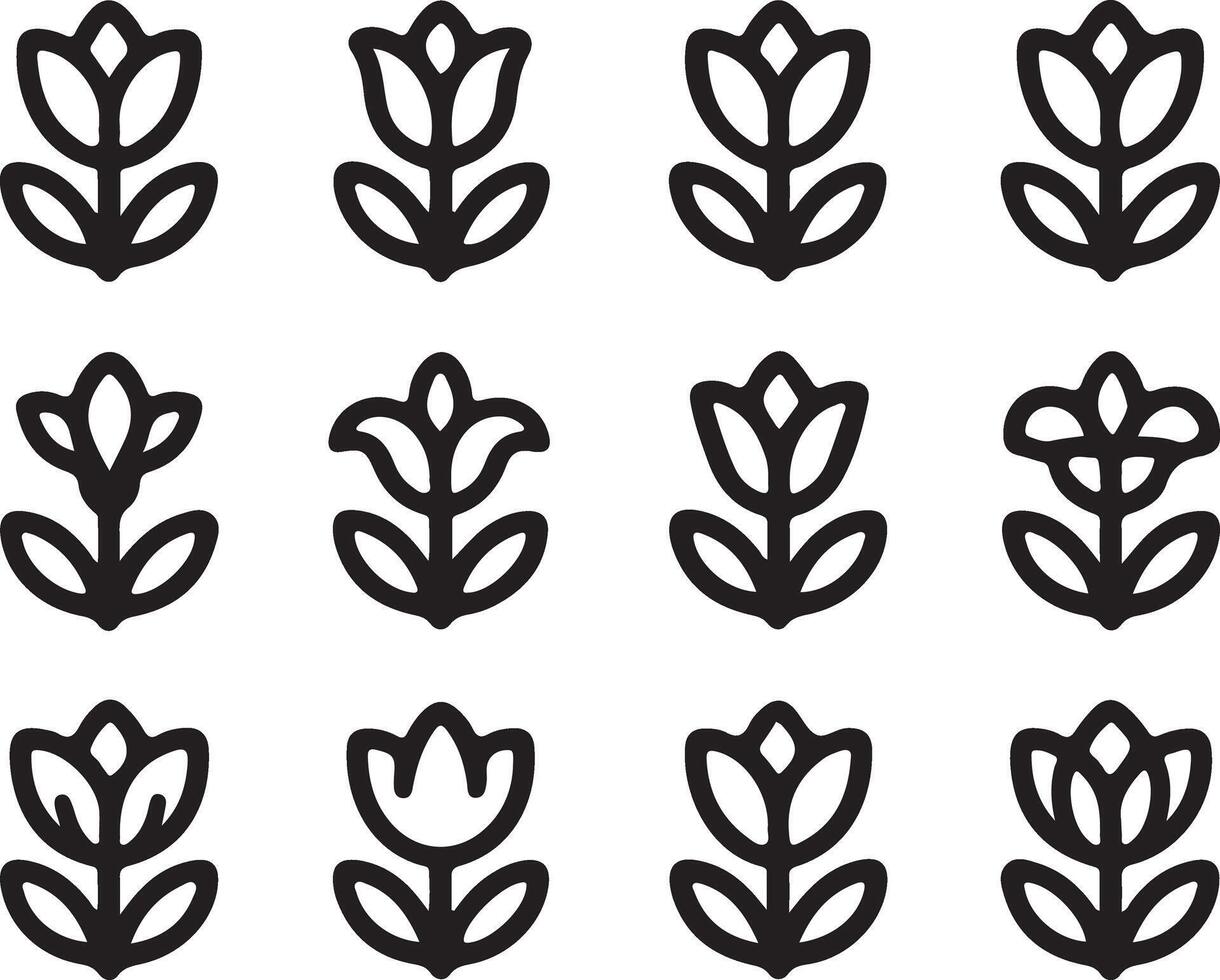 Set of twelve simple black outline flower icons in a grid pattern vector