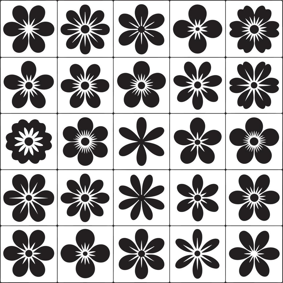Collection of twenty five black stylized flower icons on white background vector