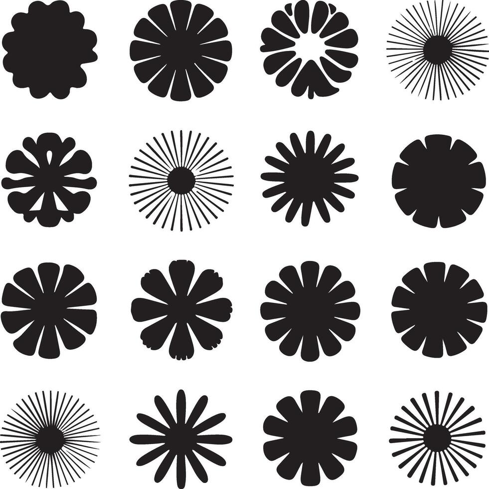 Collection of sixteen unique black floral and starburst graphic design elements vector